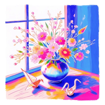 An elegant display features a traditional Japanese flower arrangement known as "Ikebana." The arrangement includes long, slender stems of cherry blossoms, vibrant chrysanthemums, and delicate lilies. The flowers are artfully positioned in a beautiful ceramic vase with a smooth, glossy finish. The vase is placed on a wooden table with intricate grain patterns, and soft natural light falls across the scene, accentuating the colors of the flowers. A small, folded origami crane made of decorative paper is nestled beside the vase.