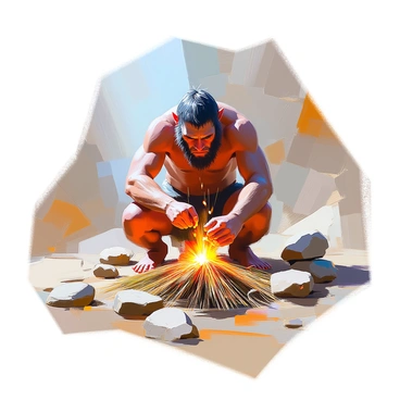 A Neanderthal with a robust build and prominent brow ridges is kneeling on the ground, focused intently on his task of creating fire. He has dark, rugged hair and is wearing simple clothing made from animal hides. In front of him, a pile of dry grass is arranged carefully, and he is striking two rough stones together, producing sparks. The surrounding landscape is rocky and earthy, with scattered stones and patches of grass. The Neanderthal's expression reflects determination as he watches the sparks fall onto the dry grass.