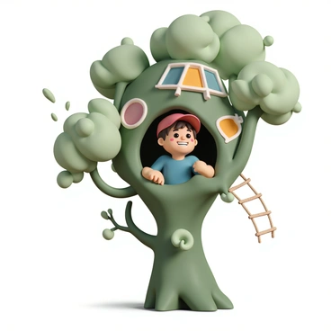 A cartoon boy, wearing a red cap, blue T-shirt, and green shorts, is peeking out from a creatively designed treehouse. The treehouse is built into a large, twisted tree with vibrant green leaves and a wooden structure featuring colorful windows and a rope ladder. The boy has a wide grin, his brown hair slightly tousled, while his hands grip the edge of the treehouse. Sunlight filters through the leaves, casting playful shadows around him.