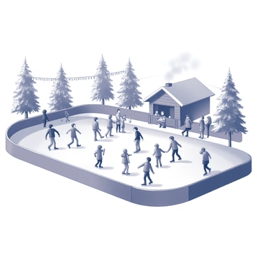 An outdoor ice skating rink is filled with people of all ages. The rink is surrounded by snow-covered trees, and festive lights are strung overhead. Skaters are gliding gracefully across the ice, some holding hands while others skate solo. Children are scattered around, laughing and playing as they attempt to keep their balance on the ice. A small group of friends is gathered at the edge, chatting and sipping warm drinks from paper cups. In the background, a wooden chalet serves as a warming hut, with smoke gently rising from its chimney into the crisp winter air.
