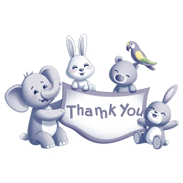 A whimsical thank you card design featuring several cartoon animals. A cheerful elephant stands on one side, its trunk raised and smiling. A playful rabbit sits next to the elephant, its ears perked up as it holds the edges of a large "Thank You" banner. A friendly bear leans on the banner, while a colorful parrot perches above, adding to the joyful scene. The background is simple, allowing the characters and the banner to stand out prominently. Each animal displays a playful expression, enhancing the overall cheerful and light-hearted theme.