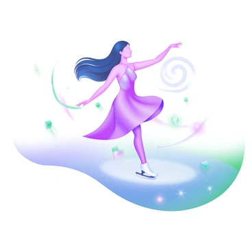 A modern pastel illustration of an ice skater dressed in a shimmering, elegant costume performing a graceful spin on a sparkling ice rink. The skater has flowing hair that trails behind them, and their arms are extended gracefully. Surrounding the skater, there are faint swirling patterns on the ice created by their movements. In the background, soft lights reflect off the ice, adding a touch of brightness to the scene.