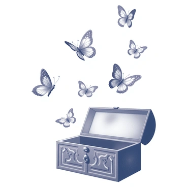 Musical notes are depicted as delicate butterflies emerging from a vintage instrument. The instrument is an ornate musical box with intricate carvings. Each note transitions into a butterfly, showcasing unique wing patterns that resemble different musical symbols. The butterflies are gently ascending, creating a flowing motion as they drift through the air. The background is a subtle gradient providing a soft contrast to the visual elements.