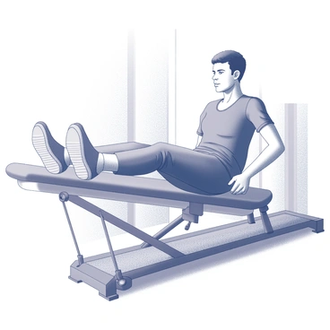 A person is engaged in a leg press exercise on a reformer machine. Their feet are positioned firmly on the platform, applying pressure as they push forward. The individual's body is in a dynamic posture, with one leg extended while the other is partially bent. The reformer's pulleys and straps are visible, along with the textured surface of the platform. The person's expression shows concentration and effort, highlighting the intensity of the workout. The background includes gym equipment and soft lighting.