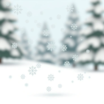 Numerous intricately detailed snowflakes, each with unique patterns and shapes, are falling softly to the ground. The snowflakes are suspended in the air, glistening as they catch the light. A soft layer of white snow is accumulating on the ground, creating a serene winter scene. The background features a blurred, soft focus of trees dusted in white, enhancing the tranquility of the moment.