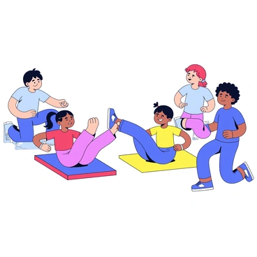 A family exercising together in a bright, open space. The parents are positioned on the sides, engaging in a workout routine. Two children are centered on the floor, performing leg raises on colorful exercise mats. The mats are in vibrant colors, such as red, blue, and yellow. The children are smiling and focused, wearing sporty outfits. The background is uncluttered, emphasizing the family's activity and interaction.