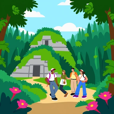A team of four explorers is moving through a dense green jungle filled with tall trees and thick vines. They are dressed in light hiking gear, each carrying backpacks and tools for exploration. In front of them, the remnants of an ancient stone structure can be seen, partially covered in moss and surrounded by overgrown foliage. The structure features crumbling walls and ornate carvings that hint at a once-great civilization. Brightly colored tropical flowers bloom nearby, adding splashes of color to the scene. Sunlight filters through the treetops, casting dappled shadows on the ground. The explorers are looking at the ruins with expressions of wonder and excitement.