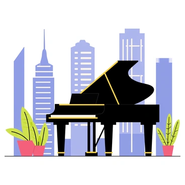 A grand piano with a polished black finish is positioned on a rooftop. The scene features tall skyscrapers in the background, some with glass facades reflecting the sunlight. The sky is clear and bright, creating a vibrant atmosphere. A few potted plants are placed near the piano, adding a touch of greenery to the urban setting.