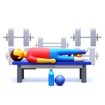 A person lying on a workout bench, taking a rest after completing a dumbbell bench press session. The individual has a relaxed posture, with one arm resting by their side and the other slightly raised. A water bottle is placed on the floor next to the bench, reflecting the light from above. The background features gym equipment, such as dumbbells and a barbell, arranged neatly in the space around them. The atmosphere conveys a sense of post-workout recovery.