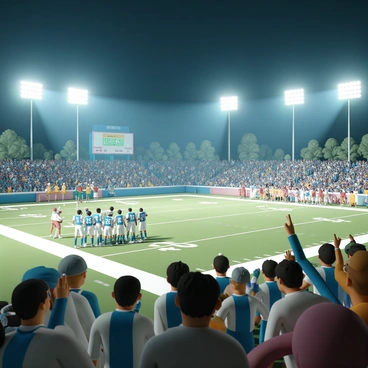 A high school football field, illuminated by bright stadium lights shining down on the vibrant green turf. A group of players in blue and white uniforms is huddled together, strategizing for the next play. Fans in the stands, wearing team colors, are cheering passionately, some waving large foam fingers. In the background, the scoreboard displays the current score, and cheerleaders in colorful outfits are performing acrobatics at the sidelines. The atmosphere is electric, with a mix of excitement and anticipation filling the air.