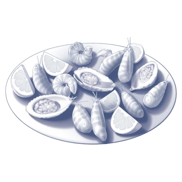 A seafood platter arranged on a large, round white dish. The platter contains several shrimp, each with a curled tail and a delicate sheen. There are a few open oysters, displaying their creamy interior and rough outer shells. Scattered around the seafood are several freshly cut lemon wedges, each slice showcasing a textured surface. The arrangement is visually balanced, with the larger oysters interspersed among the shrimp. The overall presentation is inviting and appetizing.