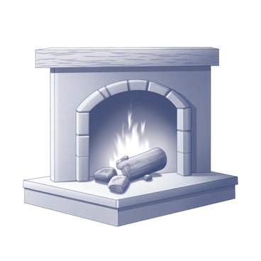 A fireplace made of stone, featuring a rustic wooden mantel. Inside the fireplace, a log is positioned, with slight singeing visible at the edges. The flames dance around the log, casting light and shadows within the space. A gentle swirl of smoke rises from the burning log, creating a warm and inviting atmosphere. Surrounding the fireplace, there are a few comfortable seating arrangements, enhancing the cozy feel of the environment.