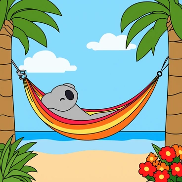 A relaxed koala with grey fur and a round face is comfortably lounging in a colorful hammock. The hammock is strung between two tall palm trees, swaying gently. The koala has its eyes half-closed, enjoying the sunny day. Surrounding the hammock are various tropical plants, including large green leaves and vibrant flowers in shades of red and yellow. A bright blue sky is visible above, with a few fluffy white clouds drifting by. The setting radiates a sense of tranquility and leisure.