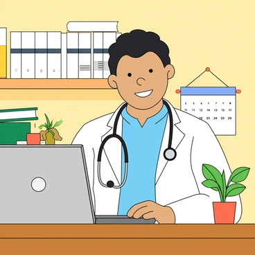A doctor with medium skin, wearing a white coat and a stethoscope around his neck, is sitting at a bright, tidy desk. He has short black hair and is smiling at the camera. The laptop is open in front of him, displaying a clear image of a patient on the screen. The background features medical books neatly arranged on a shelf and a small potted plant next to the laptop. The room is well-lit, with a warm atmosphere, and there is a calendar on the wall showing the current month.