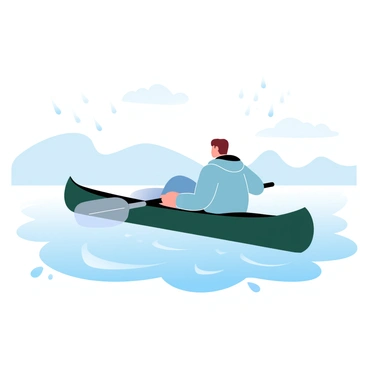 A canoeist in a waterproof jacket is paddling through gentle rain on a quiet lake. The dark green canoe is cutting through the water, creating small ripples that spread outward. Raindrops are bouncing off the surface of the lake, causing circular patterns to emerge. In the background, soft hills are visible, partially shrouded in mist. The overall atmosphere is tranquil, with muted colors reflecting the calmness of the scene.