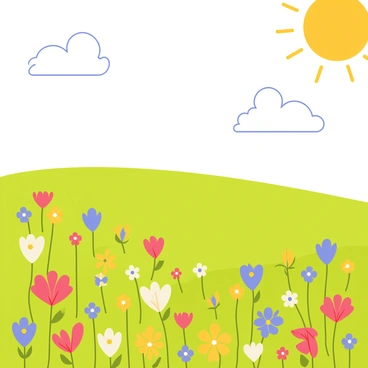 A colorful meadow filled with various wildflowers in shades of red, yellow, blue, and purple. The flowers are scattered throughout the lush green grass, creating a vibrant and lively scene. Above, a clear sky stretches with a few fluffy white clouds, highlighting the warmth of the day. The sun shines brightly, casting soft shadows on the ground and illuminating the rich colors of the flowers. A gentle breeze rustles the petals, adding a sense of movement to the serene landscape.