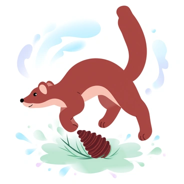 A pine marten with a sleek, brown fur coat is playfully pouncing on a fallen pine cone nestled among scattered pine needles. The pine marten’s body is in a mid-air position, with its legs extended and tail raised, showcasing its agility. The surrounding ground is covered in a carpet of soft, green moss and tiny, fallen twigs. Sunlight filters through the trees, creating dappled light patterns on the forest floor, enhancing the scene.
