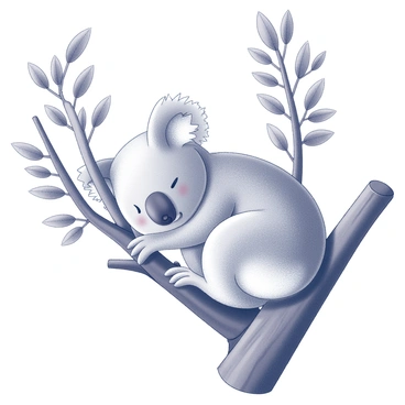 A koala is curled up on a thick branch of a eucalyptus tree. The koala has soft, fluffy fur and is resting with its eyes closed, appearing peaceful and relaxed. The eucalyptus leaves are lush and abundant around the koala, framing its small, rounded ears and prominent nose. The bark of the tree is textured and rough, showcasing the natural environment of the koala.