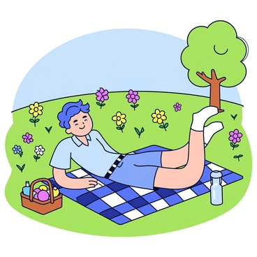 A person lying on a checkered picnic blanket. The blanket is spread out on the green grass of a vibrant meadow filled with colorful wildflowers in shades of yellow, pink, and purple. The person has their eyes closed, wearing a light blue shirt and denim shorts. Next to them, there is a wicker picnic basket filled with fruits and a bottle of water. In the background, there are a few trees with lush green leaves, and a clear blue sky overhead.