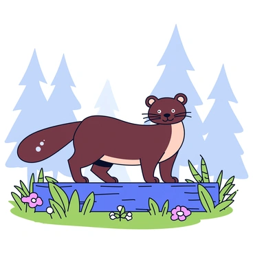 A pine marten with dark brown fur, glistening with droplets of dew, stands on a mossy log. The creature's whiskers are slightly damp, and its bright eyes are alert. Soft, diffused light filters through the early morning mist, creating a gentle atmosphere. Surrounding the log is a bed of lush green ferns and small wildflowers, adding a touch of color to the scene. The background is filled with silhouettes of tall pine trees, their outlines softened by the mist.