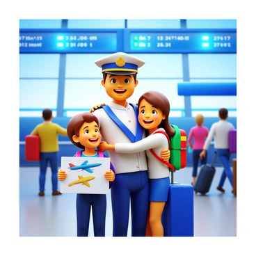 A pilot embracing family members at an airport arrival gate