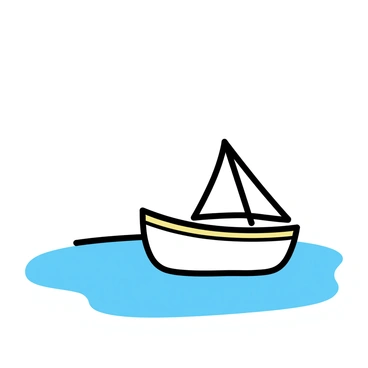 A small boat, colored white with a wooden frame, is floating on a vast, empty sea. The boat features a single triangular sail, billowing gently in the light breeze. The water surrounding the boat is a calm blue, reflecting the clear sky above. There are no other boats or land in sight, emphasizing the solitude of the scene.