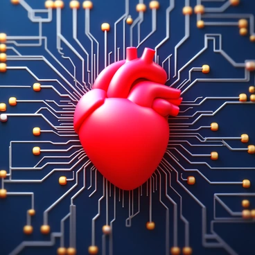 A glowing human heart with vibrant red hues is integrated into a detailed circuit board. The circuit board features intricate patterns of silver and gold pathways, highlighting the connection between technology and life. The heart emits a soft, pulsating light, illuminating nearby components on the board. Tiny microchips and electronic elements surround the heart, showcasing the fusion of organic and electronic systems. The overall composition emphasizes the harmony between nature and technology.
