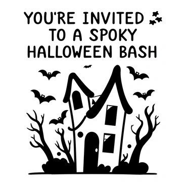 Words "You're Invited to a Spooky Halloween Bash" at the top of the image, designed in a bold, spooky font. Below the text, a detailed illustration of a haunted house with broken windows, a crooked chimney, and overgrown vines. In the foreground, several flying bats are depicted soaring around the house, with their wings spread wide. Dark, twisted trees surround the house, adding to the eerie atmosphere.