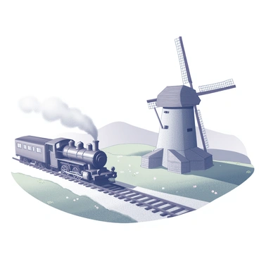 A steam train is traveling along a railway track, with a plume of smoke billowing from its locomotive. The train is set against a backdrop of rolling hills in the countryside. Nearby, a large windmill stands tall, its blades turning gently in the breeze. The windmill features a traditional design with a wooden structure and a stone base, surrounded by lush green grass and a few scattered wildflowers. The scene captures the interaction between the moving train and the stationary windmill, conveying a sense of movement and tranquility in the open landscape.