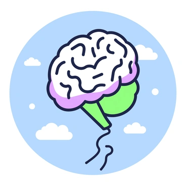 A floating balloon in the shape of a human brain, suspended in the sky
