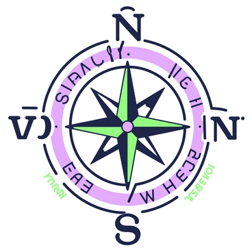A compass is centered in the image, with its circular face clearly visible. The needle of the compass is elongated and intricately designed, pointing firmly towards the direction labeled "North." The other directions, "South," "East," and "West," are also clearly marked. Each direction is formed by words that are beautifully arranged and integrated into the compass design. The background features a subtle pattern that complements the compass, enhancing its importance as the focal point of the image.