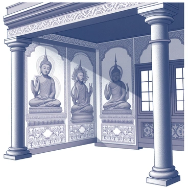 The interior walls of a Ladakhi monastery are adorned with intricate ancient murals. The murals vividly illustrate scenes from Buddhist mythology, featuring various deities in elaborate poses. Each figure is surrounded by ornate patterns and symbols that represent spiritual concepts. The artwork showcases vibrant details, portraying serene expressions and dynamic movements. Pillars supporting the ceiling are also decorated, enhancing the sacred atmosphere of the space. Soft light filters through the windows, casting gentle shadows across the intricate designs.