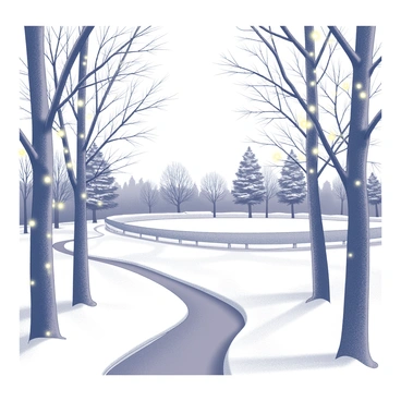 A scenic path winding through a winter landscape. The pathway is flanked by tall trees, their branches heavy with fresh, white snow. Delicate twinkling lights are strung along the branches, casting a soft glow in the surroundings. In the distance, an ice rink is visible, surrounded by snowdrifts and more snow-covered trees, inviting visitors to enjoy the winter activity. The atmosphere is filled with the serenity of a quiet, snowy day.