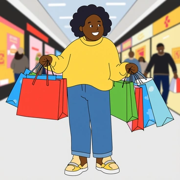 A joyful shopper with medium skin tone and curly black hair is standing in the middle of a busy mall. She is wearing a bright yellow sweater and blue jeans. In her hands, she holds an assortment of colorful shopping bags, including red, blue, and green bags, with some bags even having playful patterns. Her eyes are wide with excitement, and she has a big smile on her face. In the background, there are blurry figures of other shoppers and storefronts with vibrant displays, contributing to the lively atmosphere of the mall.