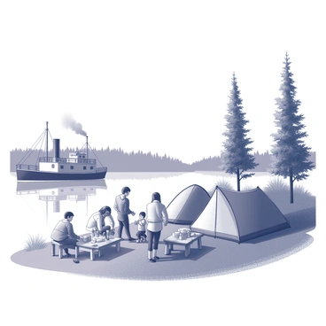 A group of adventurous individuals is gathered on a riverbank. They are unpacking their gear and setting up tents as they prepare to camp for the night. Nearby, a steamboat is moored to the shore, with its smoke stack releasing puffs of smoke into the air. The river flows gently, reflecting the surrounding landscape. Some adventurers are gathering firewood, while others are arranging supplies on a wooden table. In the background, tall trees frame the scene, enhancing the sense of a natural setting.