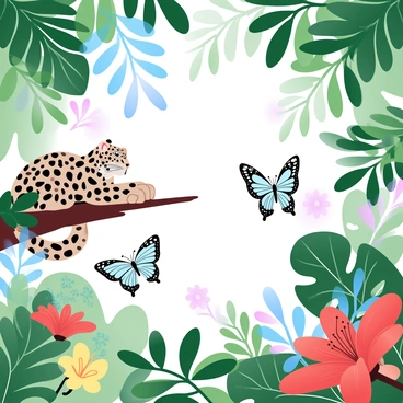 A dense rainforest filled with a variety of vibrant green foliage. In the center, a large jaguar is resting on a low branch, its spotted coat blending harmoniously with the surrounding leaves. Below, a small tree frog perches on a bright red flower, its green skin contrasting vividly with the petals. Several butterflies, with intricate patterns on their wings, flit through the air, hovering around clusters of colorful flowers in shades of yellow, pink, and blue. Sunlight filters through the canopy, creating a dappled effect on the ground.