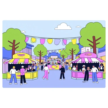 A lively street festival in a small New England town. The scene is filled with colorful food stalls featuring bright banners and signage. Each stall offers a variety of food items, such as freshly made donuts, hot dogs, and popcorn. People are gathered around the stalls, smiling and chatting. In the background, a small stage is set up with musicians playing lively music. There are decorations like string lights hanging across the street, creating a festive atmosphere. The sky is clear and sunny, and trees line the street, adding greenery to the scene.