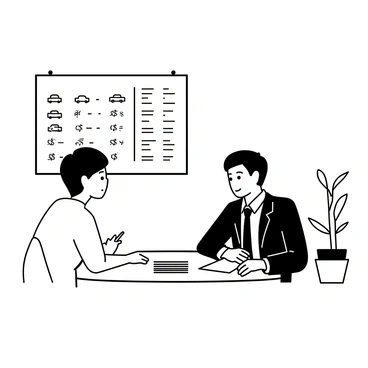 A customer sitting at a round table in a negotiation room, looking thoughtfully at a stack of papers in front of them. The customer is wearing a casual shirt and has short hair. Opposite the customer, a dealer is seated, dressed in a suit and tie, with a focused expression as they lean slightly forward. The dealer has a pen in hand, ready to write notes. A large, detailed chart of car prices is visible on the wall behind them, and a potted plant is placed in the corner of the room.