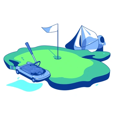 A futuristic golf hole features a smooth, undulating green surrounded by sleek metallic structures that glint in the light. In the foreground, a hover cart with a shimmering blue finish hovers just above the grass, equipped with a high-tech golf club resting in its holder. The hole is marked by a bold, white flag that flutters in the breeze, standing against a backdrop of streamlined, silver architecture. Soft, teal lights illuminate the edges of the course, creating a modern ambiance as players prepare to tee off.