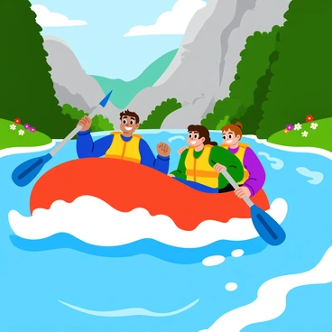 A group of three friends in colorful life jackets rafting down a rapid river. The raft is bright red and bouncing over the choppy waves. Sunlight glimmers on the water, creating sparkling highlights. One friend is paddling vigorously in the front, while the others are laughing and gripping the sides of the raft. Surrounding them are lush green trees along the banks of the river, with splashes of wildflowers in various colors peeking from the foliage. In the background, rocky cliffs rise sharply, contrasting with the vibrant scene.
