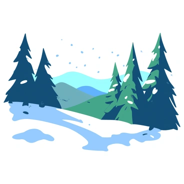 A snowy forest landscape features tall evergreen trees dusted in white. The ground is blanketed with a thick layer of soft white snow. Sunlight filters through the branches of the trees, casting gentle shadows on the snow. In the background, a range of hills can be seen, also covered in white. Flakes of snow continue to fall softly from the overcast sky, adding to the tranquil atmosphere of the scene.