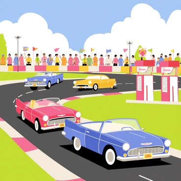 A colorful 1950s-themed racetrack featuring several retro cars in vibrant colors speeding along the asphalt. The cars include a classic red convertible, a blue muscle car, and a yellow coupe, each showcasing shiny chrome details. The track is bordered by colorful billboards and vintage gas stations, adding to the nostalgic atmosphere. In the background, a crowd of cheering spectators holds colorful banners and wears vintage clothing from the era, including polka dots and pastel colors. The sky is bright blue with fluffy white clouds, enhancing the lively scene.