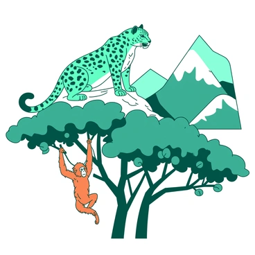 A teal snow leopard is perched on a rocky ledge, observing its surroundings with keen eyes. Its fur has various shades of teal and white, blending into the rocky terrain. Below, a group of orange trees is visible, where an orange orangutan swings gracefully from branch to branch. The orangutan's fur is a vibrant orange, contrasting with the green leaves around it. In the background, snow-covered mountains rise, completing the scene of these endangered animals in their natural habitats.