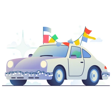 A Porsche 911 is parked prominently, adorned with vibrant, colorful flags fluttering in the breeze from the side mirrors and roof. The car's sleek body is illuminated by an array of twinkling lights wrapped around the frame, creating a festive atmosphere. The flags are in various shades of red, blue, yellow, and green, adding a lively touch. The lights emit a soft glow, highlighting the car's curves and making the metallic paint shine under the illumination. In the background, hints of a festive environment can be seen, but the focus remains on the intricately decorated Porsche.