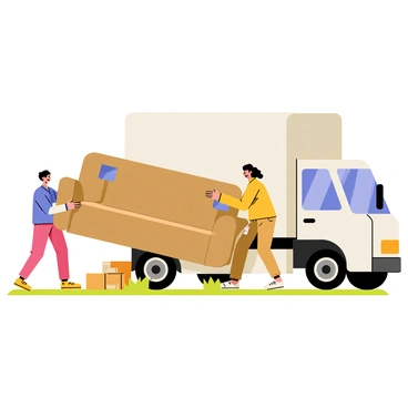 A group of four friends is working together to lift a large brown couch. The friends are positioned on either end of the couch, with two at the front and two at the back, showing determination on their faces. The moving truck is parked nearby, with its back open, ready to receive the couch. There are several cardboard boxes and a few small items scattered around the truck, indicating a busy moving day. The scene is set outdoors on a sunny day, with green grass visible beneath their feet.