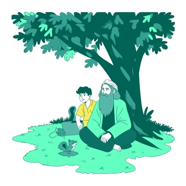 A teal philosopher with a long beard is sitting cross-legged under a large, leafy tree. He wears a flowing robe and has a thoughtful expression on his face. Beside him, a young man with a bright smile, dressed in a yellow jacket, listens intently. The tree's branches provide dappled sunlight, casting intricate shadows on the grass below. Small animals, such as a squirrel and a bird, are watching the conversation curiously from nearby branches.