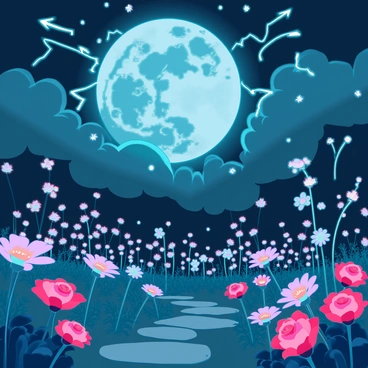 A tranquil garden illuminated by numerous glowing fireflies flitting through the air. Various flowers in full bloom, such as vibrant roses and delicate lilies, create a tapestry of colors in the moonlight. The ground is dotted with lush green foliage, and a stone path winds through the garden. In the background, occasional flashes of lightning illuminate dark clouds, creating a dramatic contrast against the serene night scene. The overall atmosphere is filled with a sense of magic and wonder, with the soft light of the fireflies dancing amidst the shadows created by the lightning.
