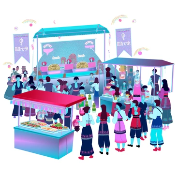 A vibrant cultural festival filled with people wearing traditional costumes in various colors and patterns. There are food stalls with decorative banners, showcasing a variety of dishes on display. People are gathered around, enjoying the delicious aromas and tasting the different foods. In the background, performers are on stage, demonstrating lively dances and music. Colorful decorations and lights adorn the area, creating an inviting and festive atmosphere. The sky above is clear, allowing bright sunlight to illuminate the entire scene.