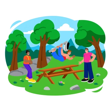 A group of campers is positioned around a sturdy wooden picnic table in a forest campsite. One camper is performing an inverted row, gripping the edge of the table while hanging horizontally, with their legs extended behind them. Another camper stands nearby, encouraging them with a smile. In the background, tall trees with lush green leaves create a natural canopy, while a few scattered rocks and wildflowers dot the ground. Sunlight filters through the branches, casting dappled shadows on the scene, enhancing the sense of an active and vibrant outdoor atmosphere.