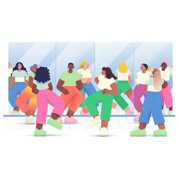 A diverse group of individuals is gathered in a mirrored dance studio, actively learning dance steps. The group consists of people of various ethnic backgrounds, including a woman with curly black hair, a man with short brown hair, and another with long straight blonde hair. Each person is dressed in comfortable dance attire, with colorful leggings and t-shirts. The large mirrors on the wall reflect their movements as they follow the instructor at the front of the room. The studio is brightly lit, with wooden floors and a spacious layout, creating an energetic environment for learning.